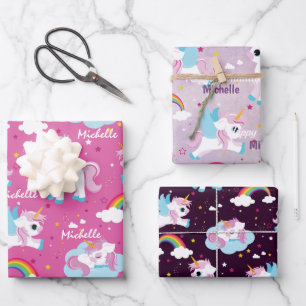 Feuille De Papier Cadeau Cute licorn Joyeux anniversaire rose girly