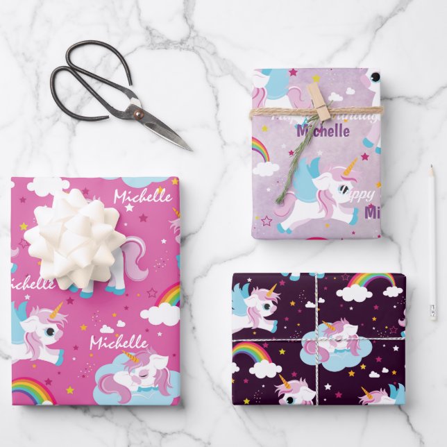 Feuille De Papier Cadeau Cute licorn Joyeux anniversaire rose girly (Recto)