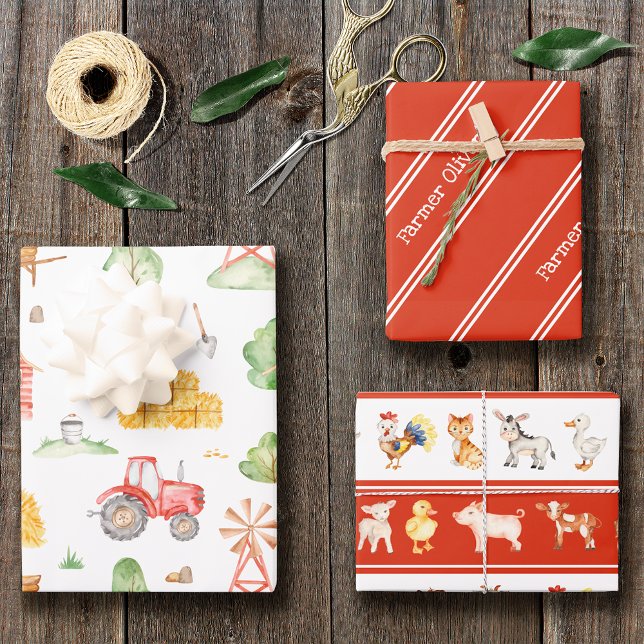 Feuille De Papier Cadeau Cute Little Kids Farmer Motif avec prénom (Créateur téléchargé)