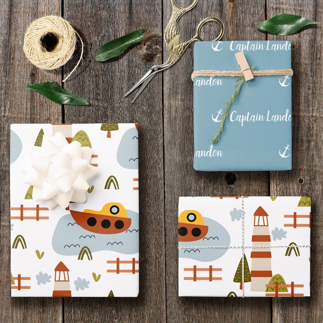 Feuille De Papier Cadeau Cute Nautical Lighthouse Bateau Motif (Créateur téléchargé)
