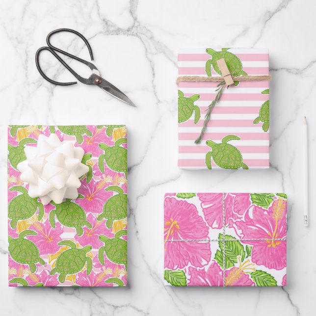 Feuille De Papier Cadeau Cute Palm Beach Fleurs et tortues tropicales (Recto)