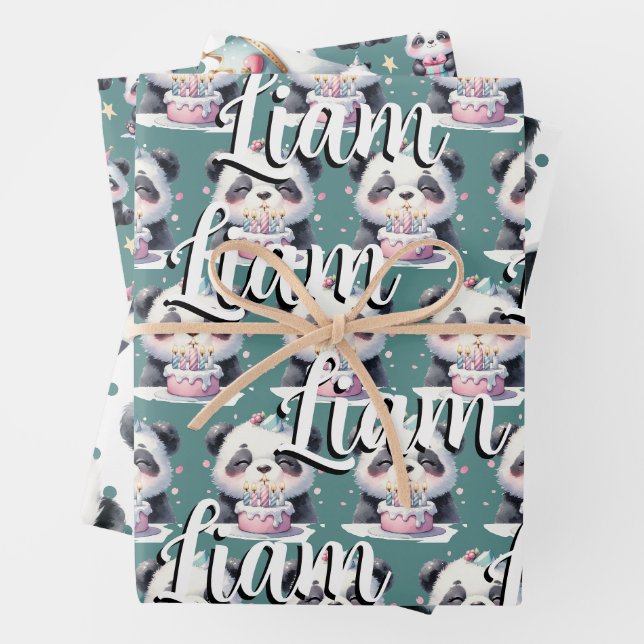 Feuille De Papier Cadeau Cute Panda Motif Anniversaire Garçon Vert (En situation)