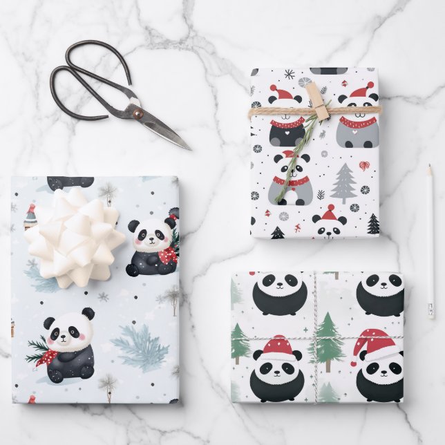 Feuille De Papier Cadeau Cute Panda Père Noël Vacances d'hiver motif (Recto)