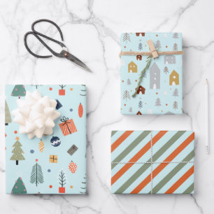 Feuille De Papier Cadeau Cute Pastel Bleu Minimal Arbre de Noël Lumière