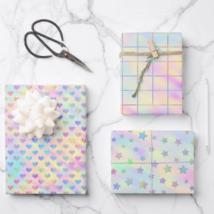 Feuille De Papier Cadeau Cute, Pastel, Coeur Holographique, Étoile et Carré