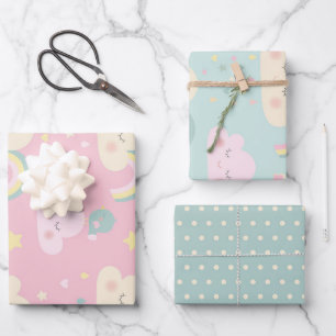 Feuille De Papier Cadeau Cute Pastel Kawaii Clouds Motif arc-en-ciel