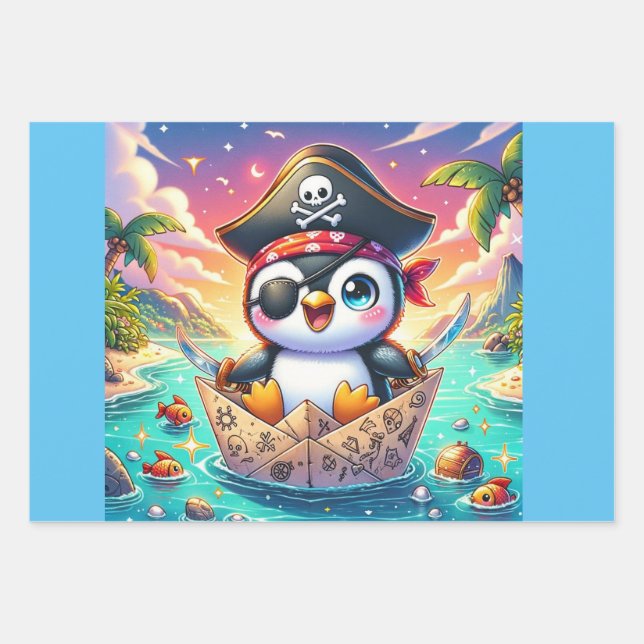 Feuille De Papier Cadeau Cute Penguin Pirate Adventure (Devant)