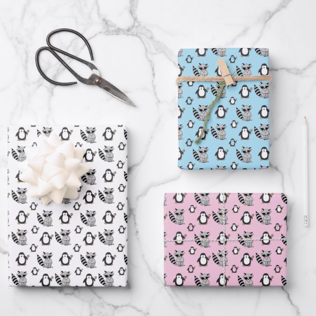 Feuille De Papier Cadeau Cute Penguin Racoon Buddies Baby Cadeau (Recto)