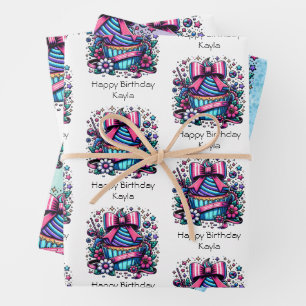 Feuille De Papier Cadeau Cute Personnalisée Violet et Cupcake Bleu Annivers