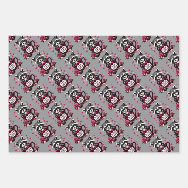 Feuille De Papier Cadeau Cute Raccoon Valentine Buffalo Plaid (Devant)