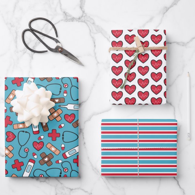 Feuille De Papier Cadeau Cute Red Blue Nurse Doctor Motif Médicale (Recto)