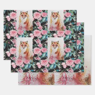 Feuille De Papier Cadeau Cute Red Fox Aquarelle Rose Bois Animal Art