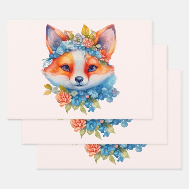 Feuille De Papier Cadeau Cute Renard orange avec Couronne florale (Lot)