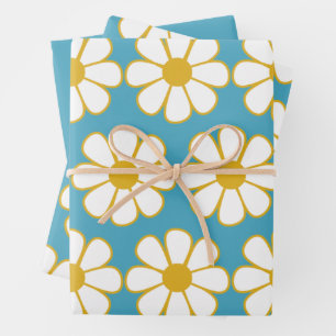 Feuille De Papier Cadeau Cute Retro Floral Daisy Motif Mustard et Bleu