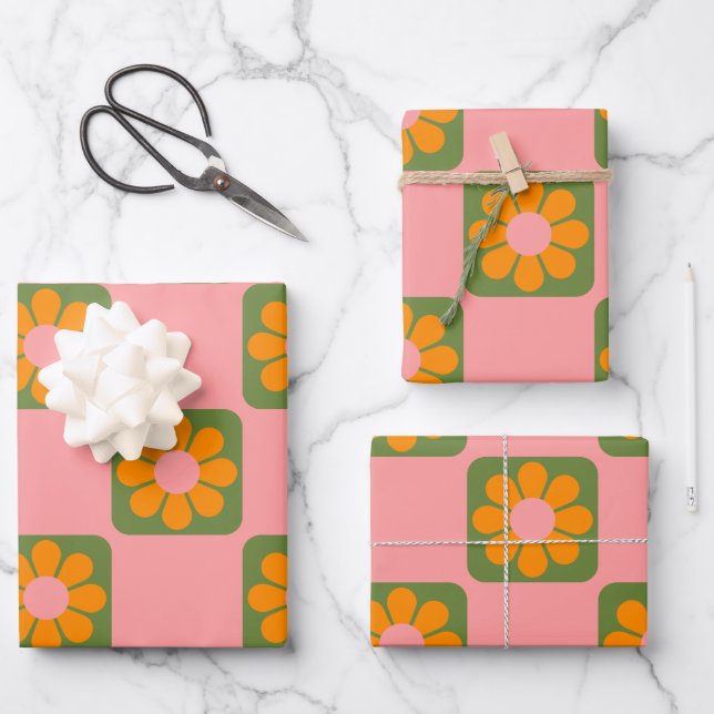 Feuille De Papier Cadeau Cute Retro Hippie Fleur Checkerboard Rose Vert (Recto)