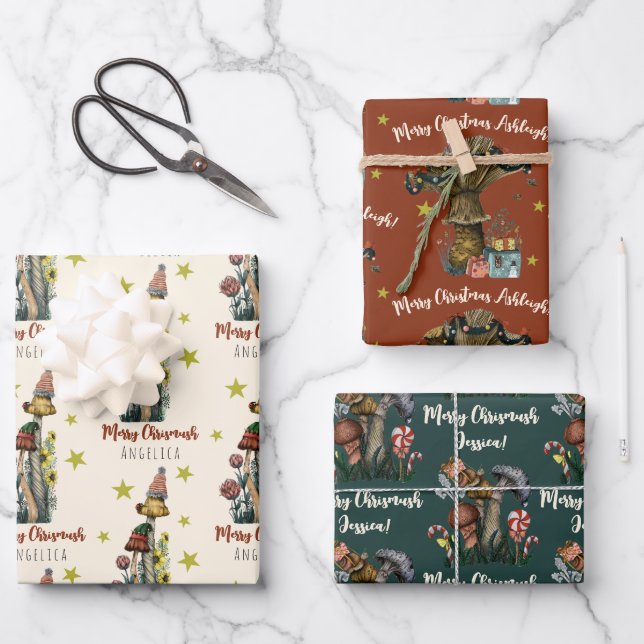 Feuille De Papier Cadeau Cute rouge et champignons verts Noël Nom personnal (Recto)