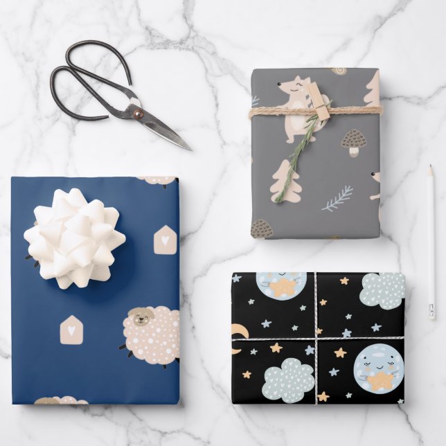 Feuille De Papier Cadeau Cute Rustique Cheep Scandinave Fox Moon Baby Boy (Recto)