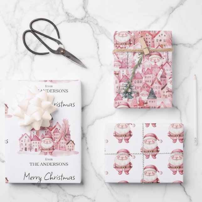 Feuille De Papier Cadeau Cute Santa Pink Winter Town Christmas (Recto)