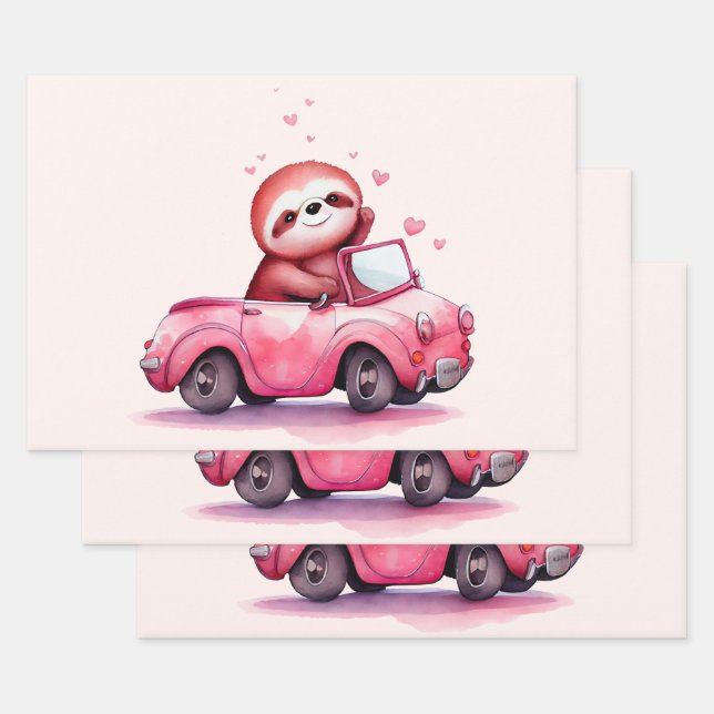Feuille De Papier Cadeau Cute Sloth Driving a Pink Convertible (Lot)