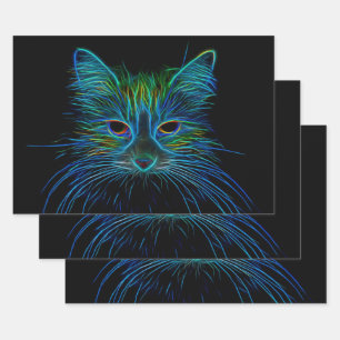 Feuille De Papier Cadeau Cute Tabby Chat Design Bleu Vert Pop Noir Art