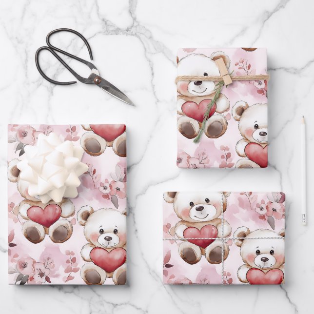 Feuille De Papier Cadeau Cute Teddy Bear Valentine's Day Hearts Motif (Recto)