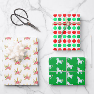 Feuille De Papier Cadeau Cute Unicorne & Pois sur Vert & Blanc