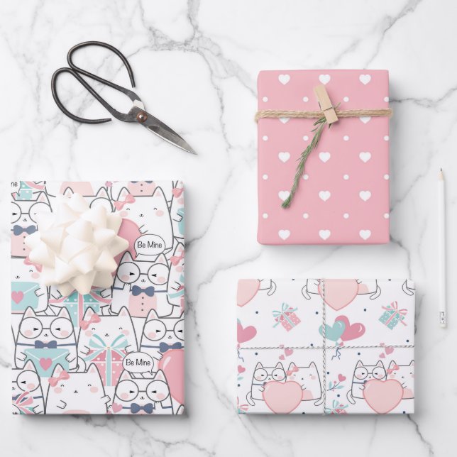 Feuille De Papier Cadeau Cute Valentine Heart Love Chats Motif (Recto)