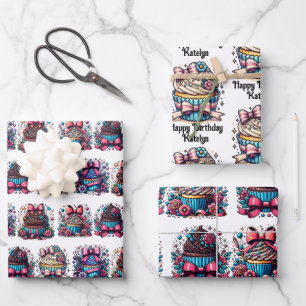 Feuille De Papier Cadeau Cute Whimsical Personnalisé Cupcake Anniversaire