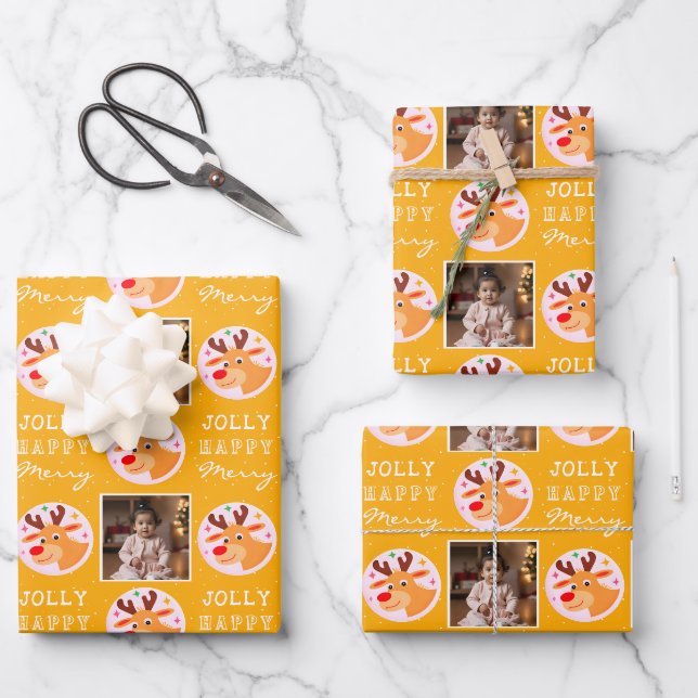 Feuille De Papier Cadeau Cute Yellow Reindeer Family Photo Christmas  (Recto)