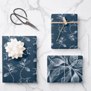Feuille De Papier Cadeau Cyanotype Bleu et Blanc Botaniques