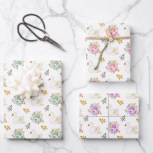 Feuille De Papier Cadeau Cygne Vert, Rose, Violet et Or Roses Florales