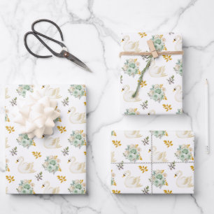 Feuille De Papier Cadeau Cygne Vert Sauge et Roses Florales Dorées