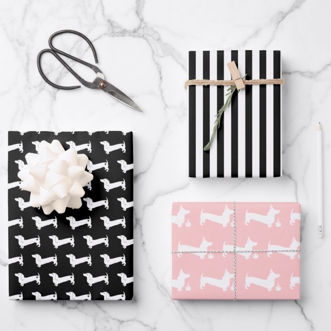 Feuille De Papier Cadeau Dachshund Anniversaire rose et noir (Recto)