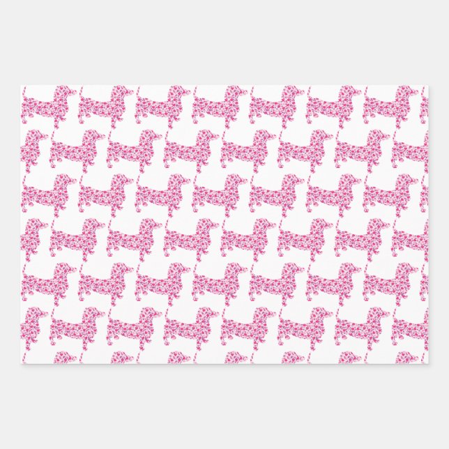 Feuille De Papier Cadeau Dachshund fait dans les Coeurs Rose (Devant)