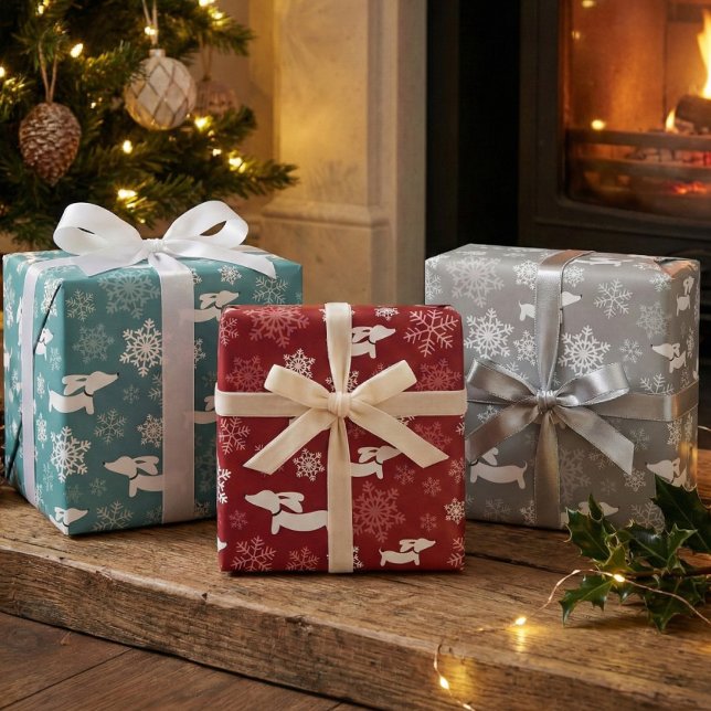 Feuille De Papier Cadeau Dachshund Snowflakes Noël Argent Rouge et Turquois (Three colors of dachshund snowflake gift wrap - doxie wrapping Christmas paper)