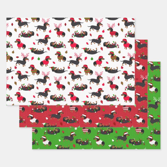 Feuille De Papier Cadeau Dachshunds de Noël (Lot)