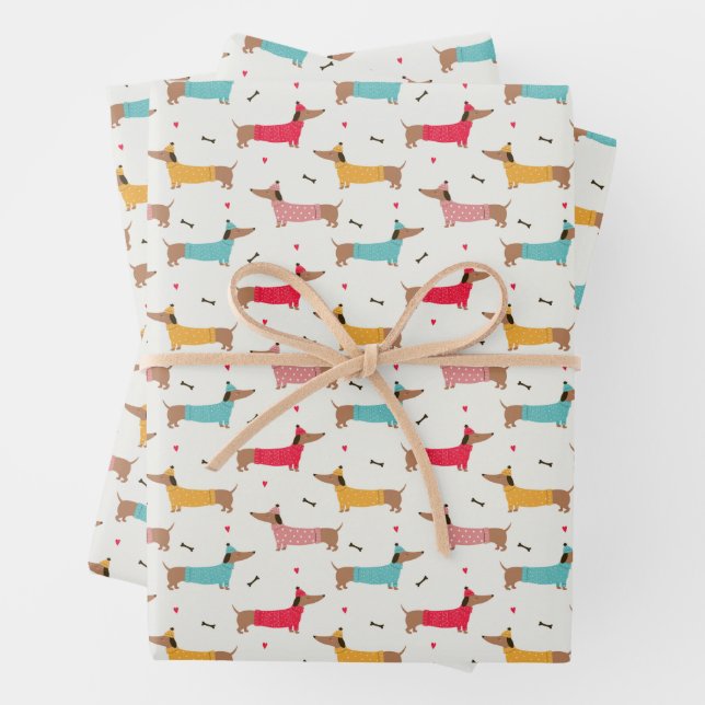 Feuille De Papier Cadeau Dachshunds en Sweaters Motif de vacances (En situation)