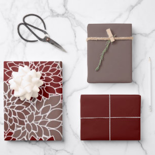 Feuille De Papier Cadeau Dahlias rouge et argent