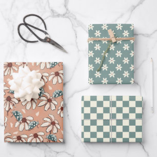 Feuille De Papier Cadeau Daisées et Ladybugs Pêche et Turquoise
