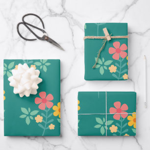 Feuille De Papier Cadeau Daisy Bouquet Vintage Motif en vert