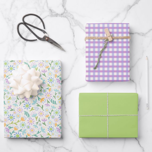 Feuille De Papier Cadeau Daisy Floral & Purple En vichy (Recto)