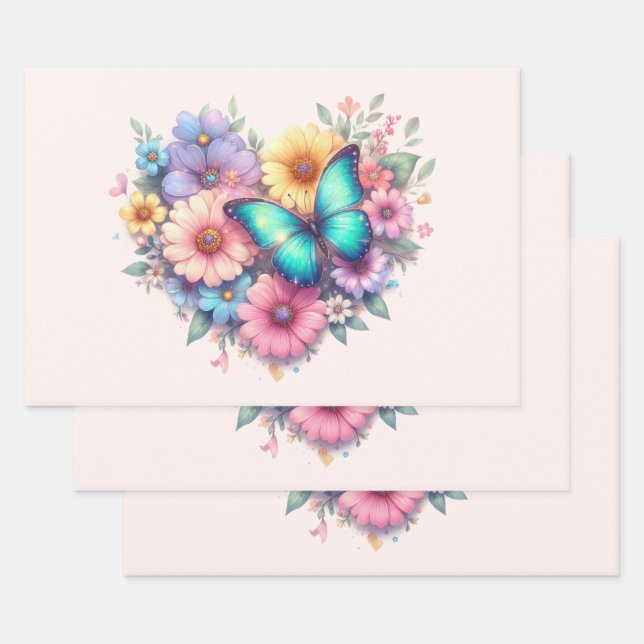 Feuille De Papier Cadeau Daisy Flowers with a Beautiful Butterfly (Lot)