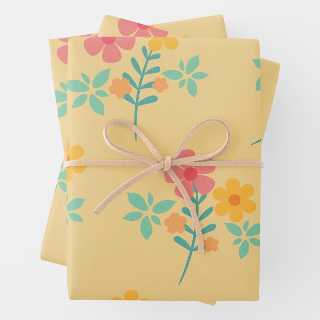 Feuille De Papier Cadeau Daisy Retro Bouquet Motif en Jaune (En situation)