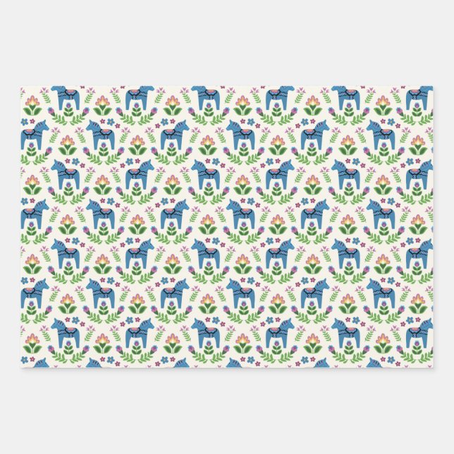 Feuille De Papier Cadeau Dala suédois Chevaux bleu (Devant)