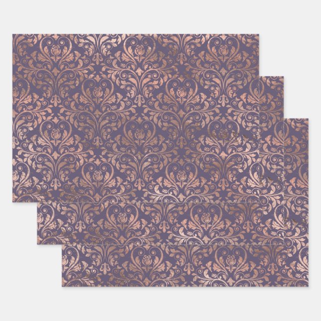 Feuille De Papier Cadeau Damas d'or Rose sur violet (Lot)