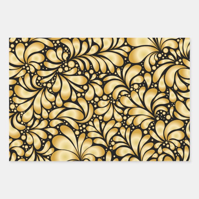 Feuille De Papier Cadeau Damask Gold & Black Wrapping paper 3 sheets set (Devant)