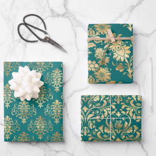 Feuille De Papier Cadeau Damask vintage sarcelle et or