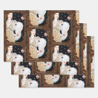 Feuille De Papier Cadeau Dame Art déco vintage dans la fenêtre