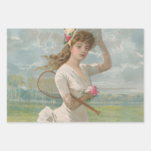 Feuille De Papier Cadeau Dame de tennis victorienne avec chapeau à fleurs A