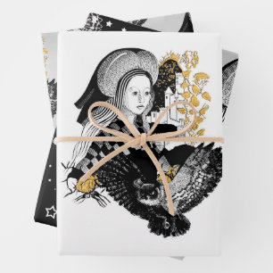 Feuille De Papier Cadeau Dame et hibou